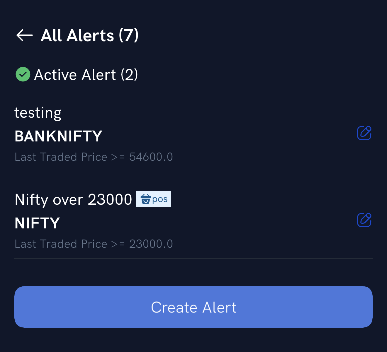 The All Alerts list with an alert tagged with the basket it will place