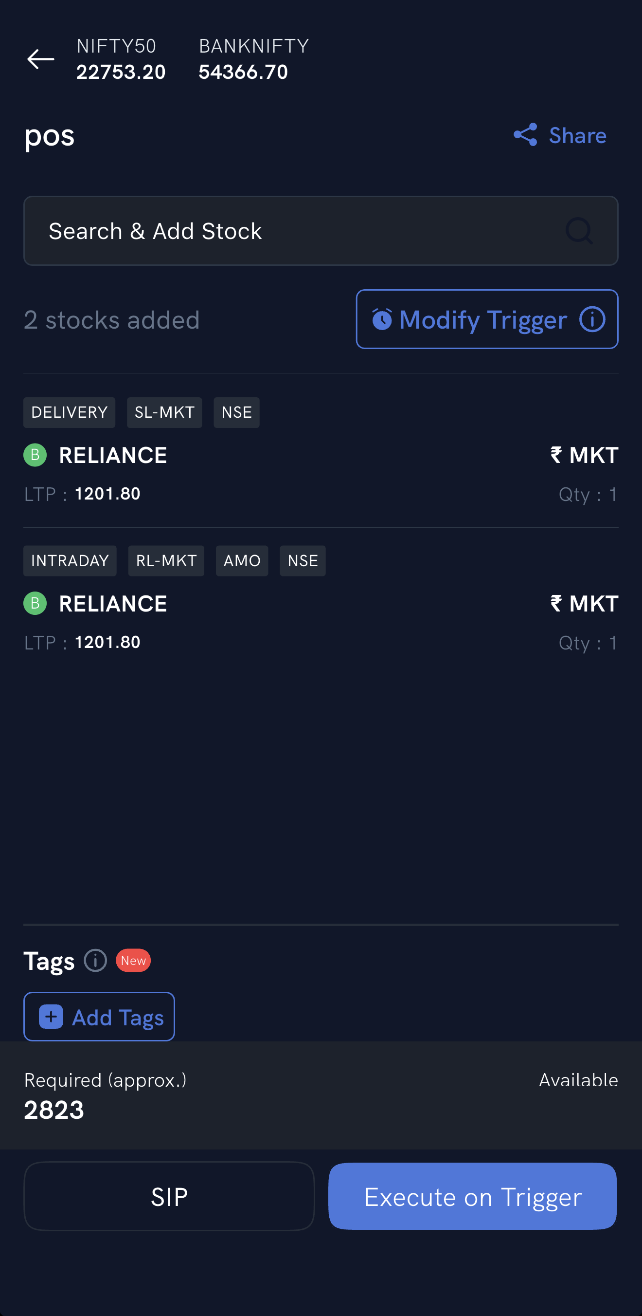 A basket with two orders, the Modify Trigger button and the Execute on Trigger button
