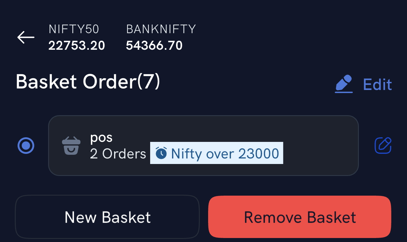 The basket list opened from Modify Basket, with the linked basket selected and the New Basket and Remove Basket buttons