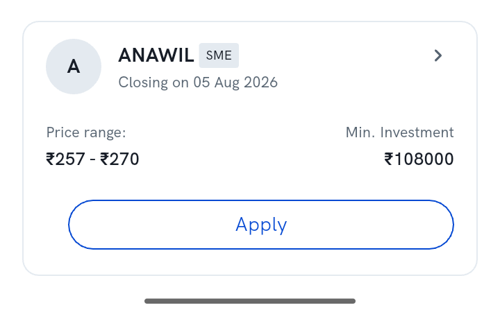 An SME-tagged IPO card on Rupeezy's Active IPOs tab, showing the SME tag, price range, minimum investment and Apply button