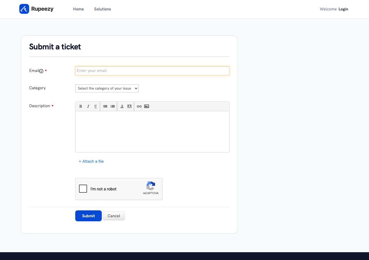 Rupeezy support portal's Submit a ticket form, shown while logged out — only email and description are required