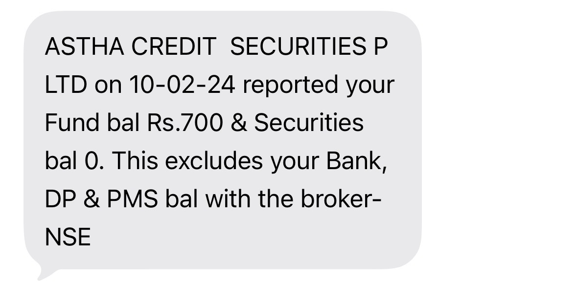 Sample SMS: broker-reported fund and securities balance