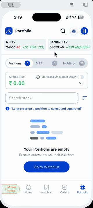 Squaring off an MTF holding — Portfolio > MTF, tap the position, tap Square Off, and the sell order opens on the MTF tab