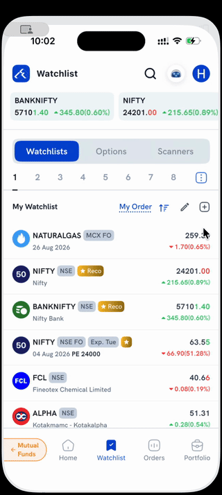 Searching SENSEX and adding a BSE F&O contract to the Watchlist