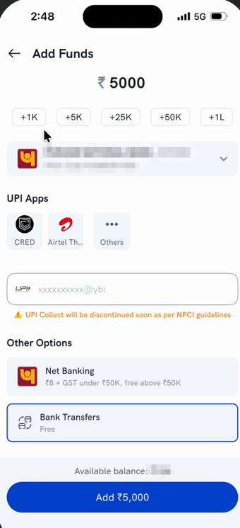 Adding money by Net Banking on the Rupeezy app — entering an amount on the Add Funds screen, tapping Net Banking under Other Options, tapping Add, and being redirected to the bank's own payment confirmation page