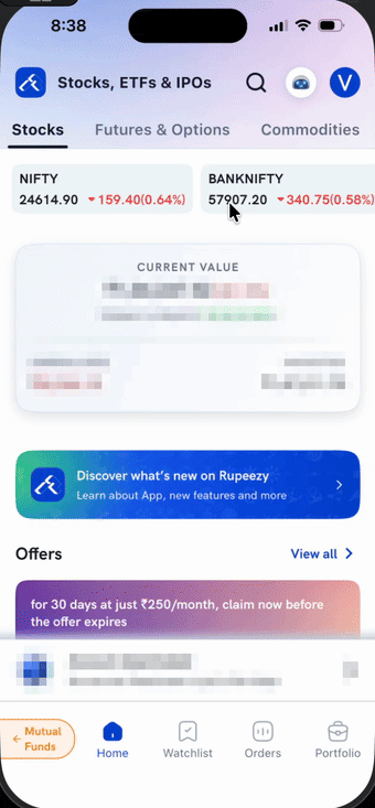 Adding money to a Rupeezy account using UPI — opening Funds, tapping Add Funds, entering an amount, entering a UPI ID, and approving the payment request