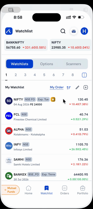 Searching NIFTY and BANKNIFTY and adding both to the Watchlist
