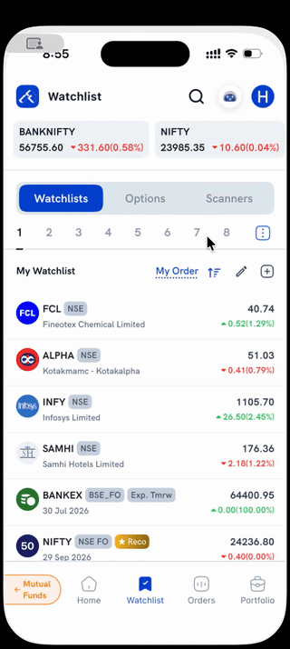 Searching NIFTY and adding an option contract to the Watchlist