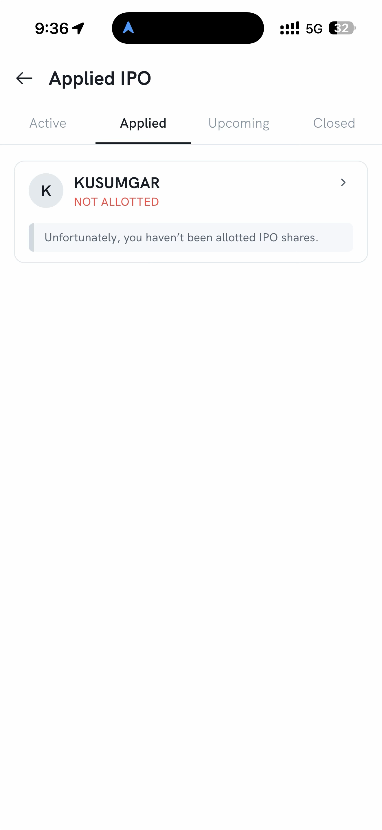 The Applied IPO screen showing an application marked NOT ALLOTTED