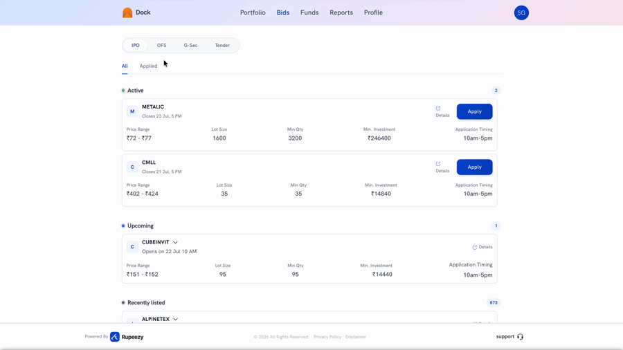 Placing a G-Sec order on Dock — Bids → G-Sec tab → Apply