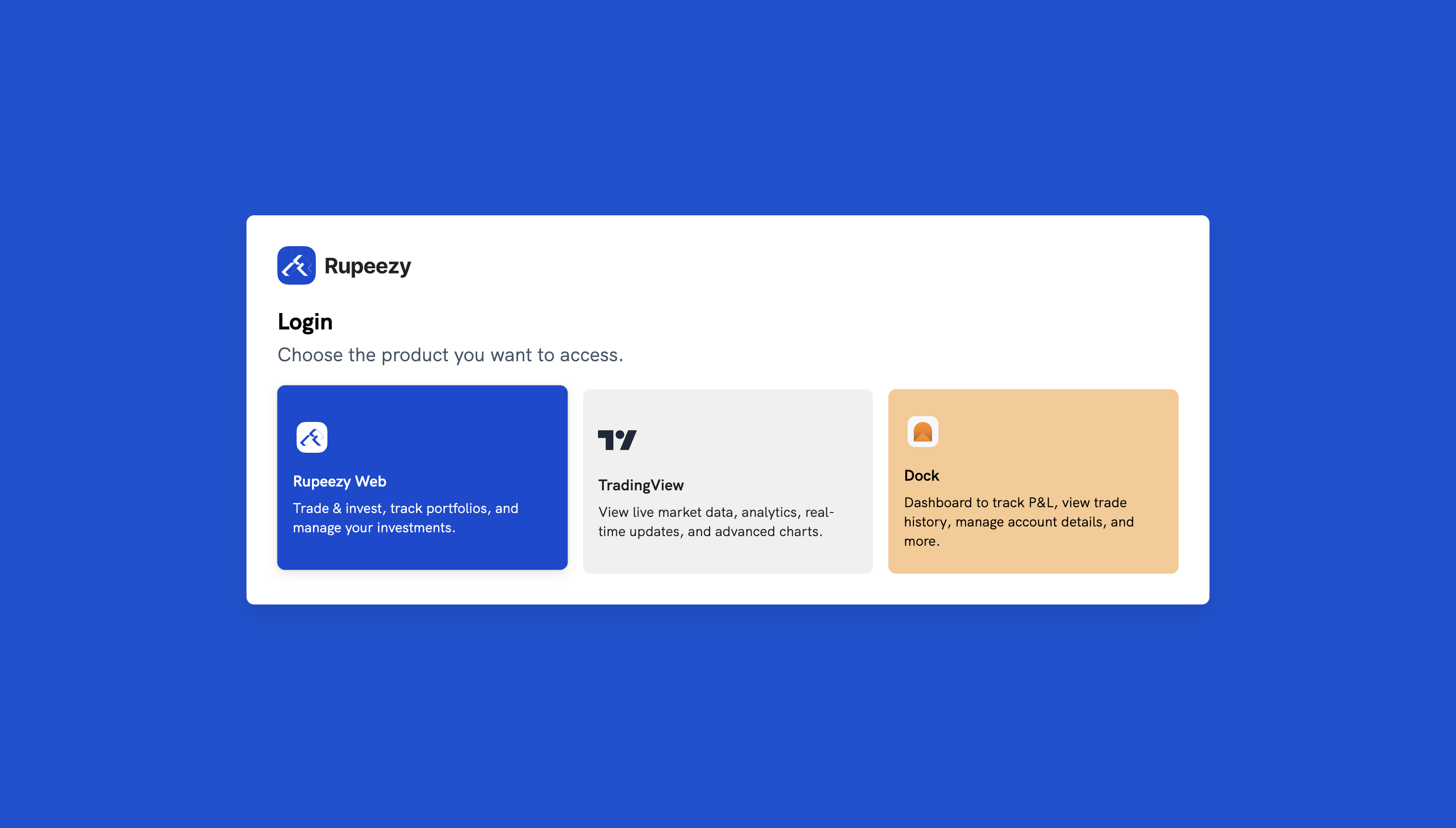 Rupeezy web product picker: Rupeezy Web, TradingView, Dock