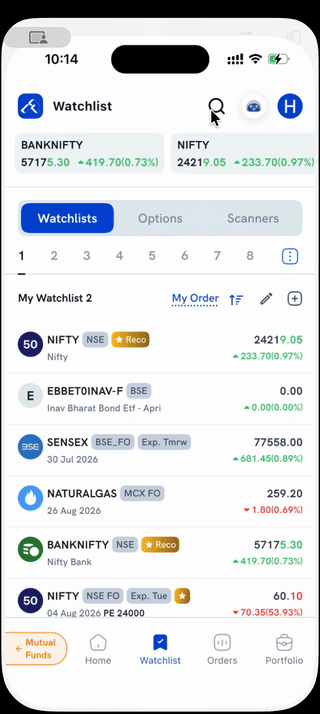 Searching RELIANCE on the Watchlist screen and filtering results by Stocks, Option, and Future