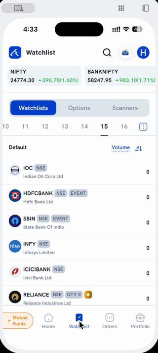 Cycling the Watchlist's sort label through Volume, Absolute change and Change %, then flipping the sort direction
