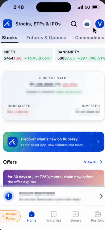 Finding the Rupeezy bank transfer details — opening Account from the Home screen, tapping Add Funds, then tapping Bank Transfers under Other Options to see the bank name, account number, account type, IFSC code and beneficiary name