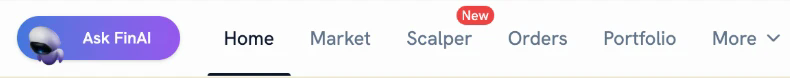The Scalper option, marked New, in the top menu of Rupeezy Web between Market and Orders