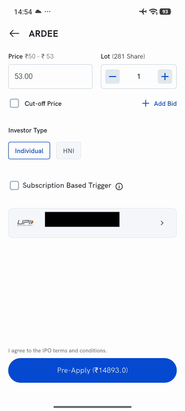 Adding and removing bids on an IPO application on Rupeezy — tapping Add Bid to reach 3 bids, then removing bids