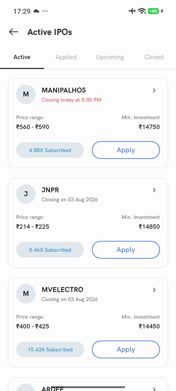 Filling in the IPO application form on Rupeezy — price, lot count, investor category and UPI ID