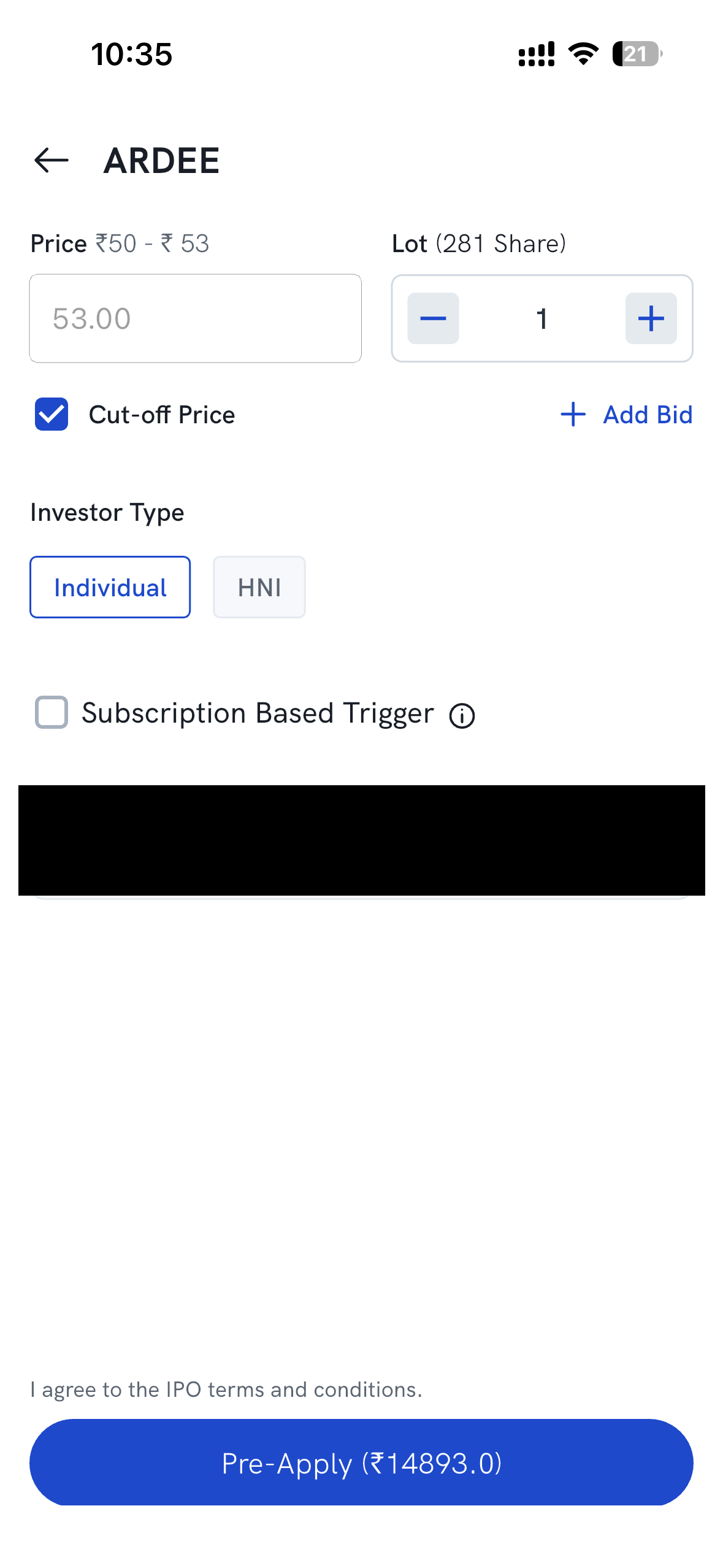 IPO application form for an upcoming IPO, showing the Pre-Apply button and the optional Subscription Based Trigger checkbox