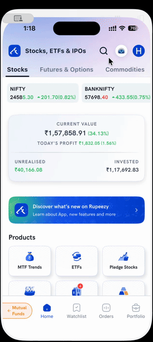 Buying ITC on Rupeezy using the MTF product tab — search, open the stock, tap BUY, switch to MTF, and place the order