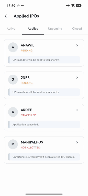 Cancelling a submitted IPO application on Rupeezy — Modify, then Cancel Bid, then confirm