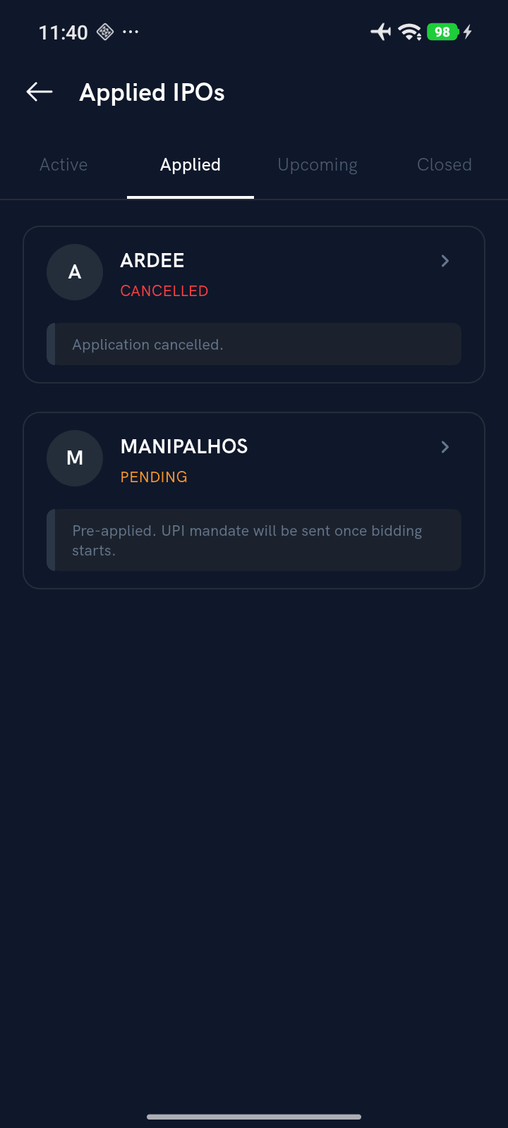 Applied IPOs tab showing a list of IPO applications with their status labels