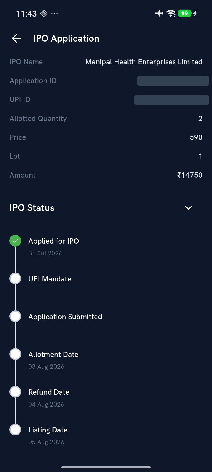 IPO application detail screen with the status timeline from application to listing