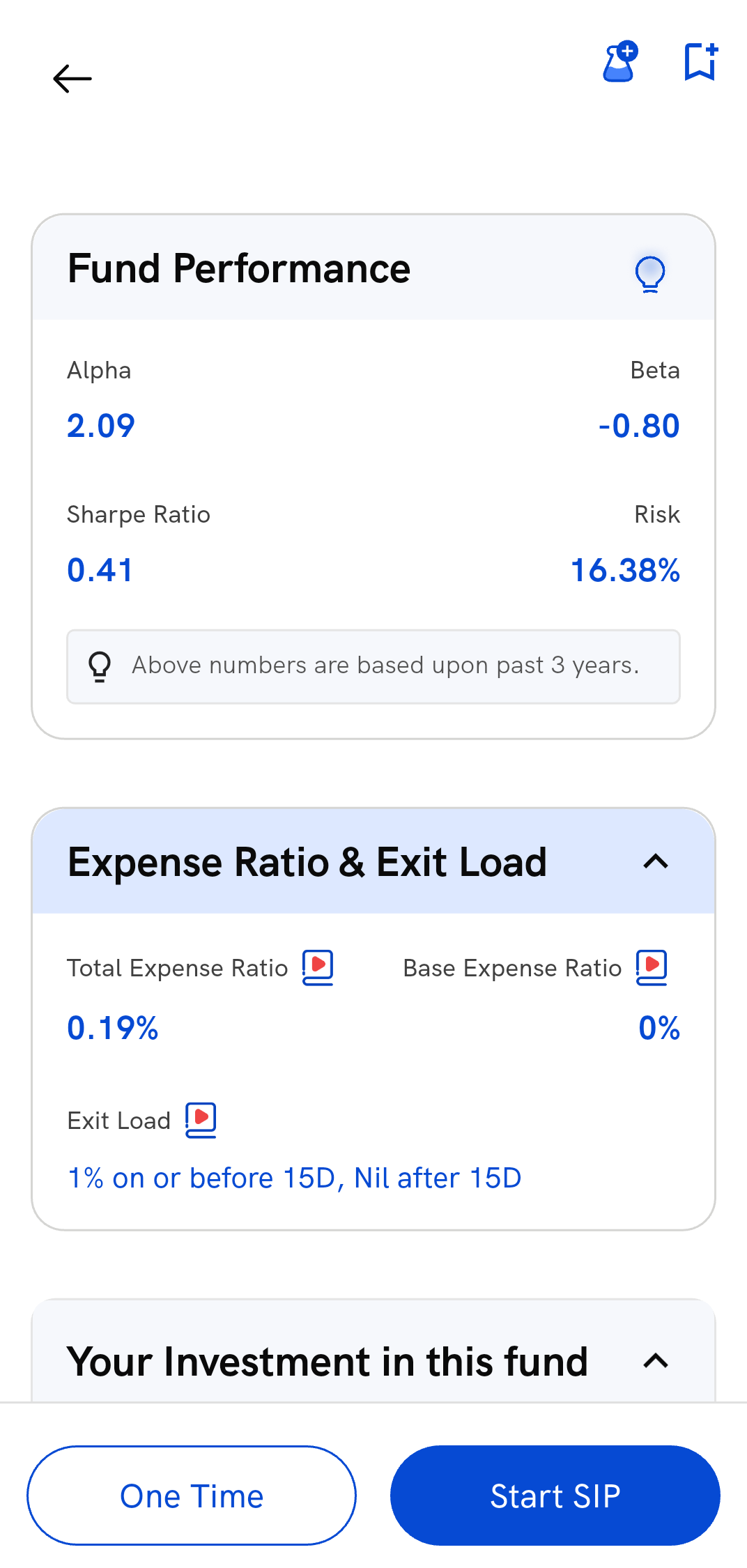 Fund Performance and Expense Ratio & Exit Load on a scheme's page in the Rupeezy app