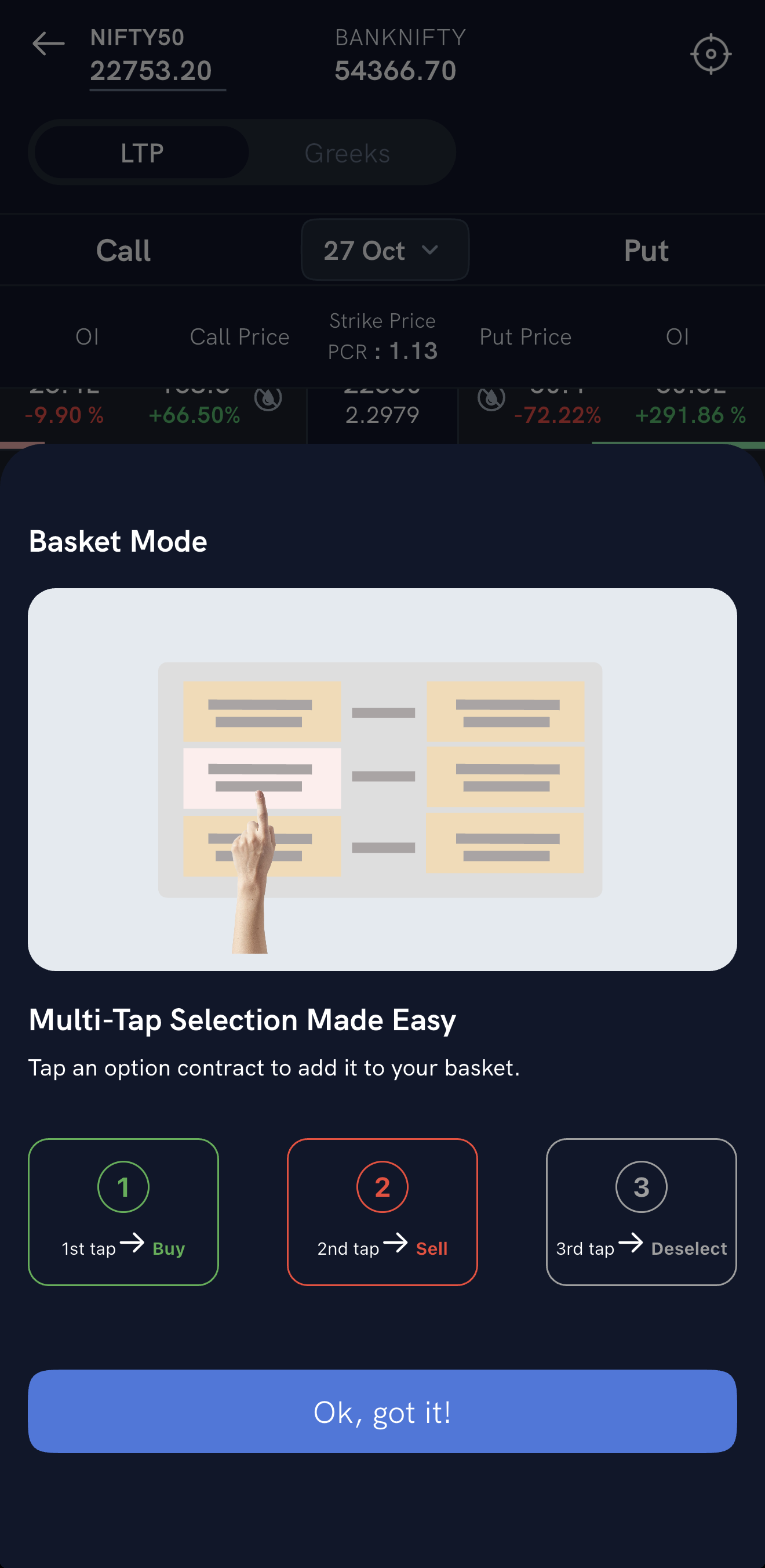The Basket Mode guide: 1st tap Buy, 2nd tap Sell, 3rd tap Deselect