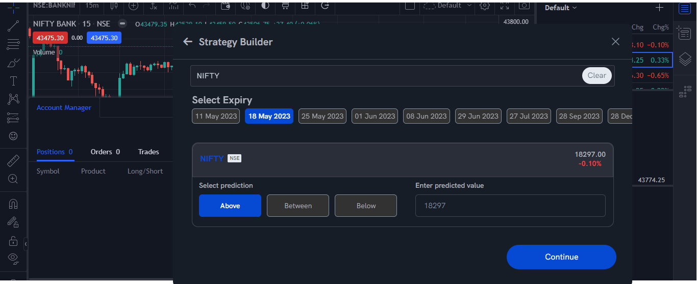 Strategy Builder with an expiry selected, the Above, Between and Below prediction buttons and the predicted value field