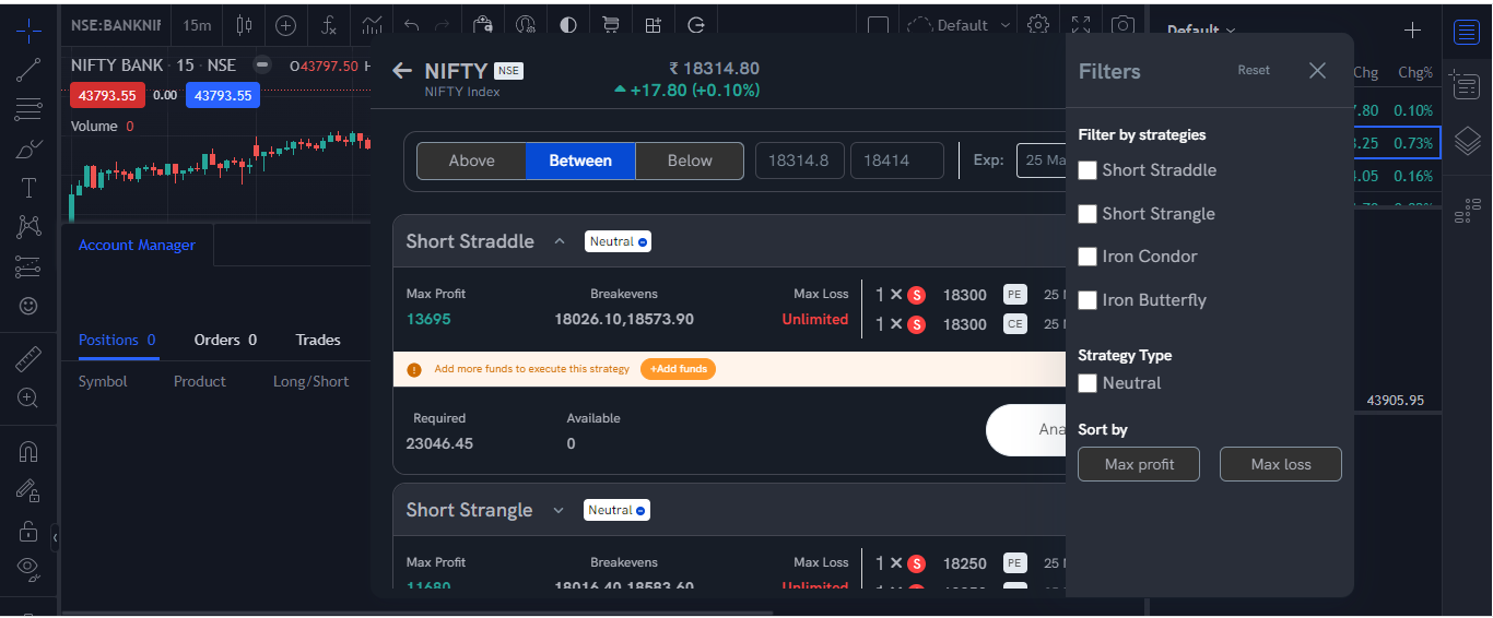The Filters panel with strategy names, a strategy type and Sort by Max profit or Max loss