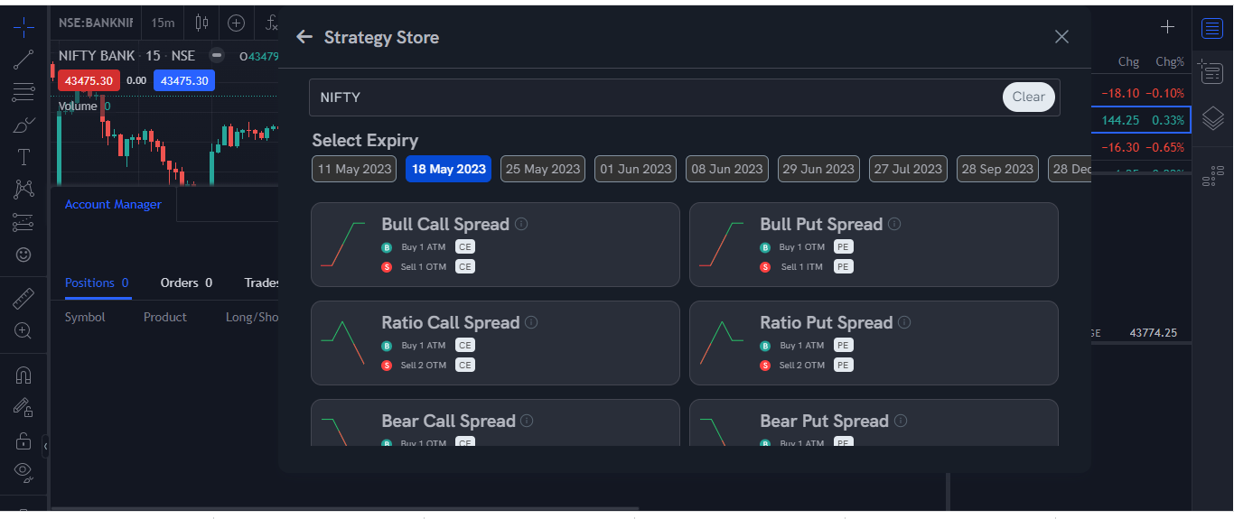 Strategy Store for NIFTY with an expiry selected and strategies such as Bull Call Spread, Bull Put Spread and Ratio Call Spread