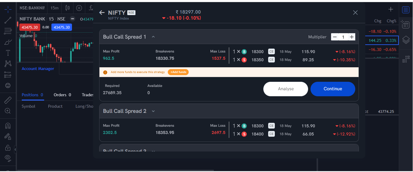 A Bull Call Spread from Strategy Store with its maximum profit, breakevens, maximum loss and legs, and Analyse and Continue buttons