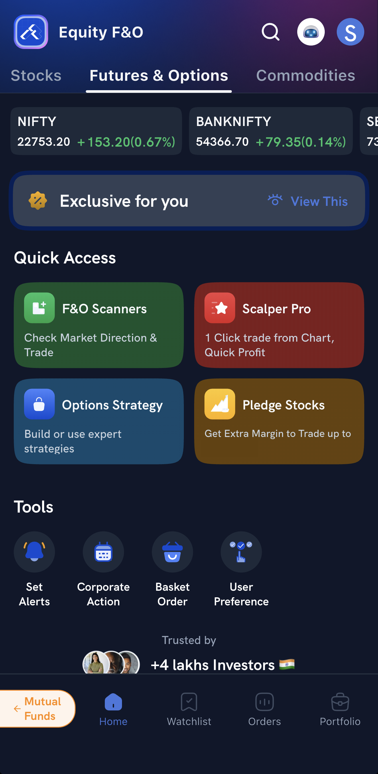 The Futures & Options tab on the Rupeezy app's Home screen, with Options Strategy (Build or use expert strategies) under Quick Access