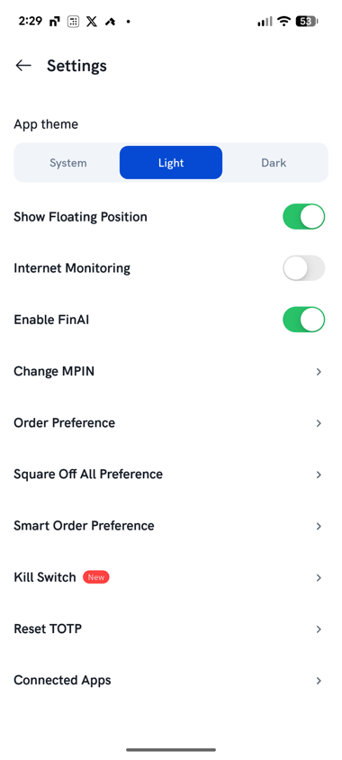 Rupeezy app Settings screen showing Reset TOTP, with no Disable TOTP option