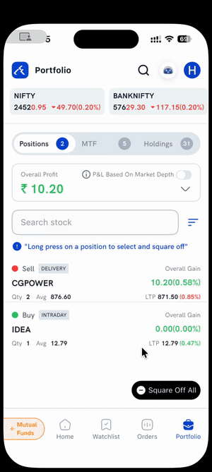 Squaring off a position from the Positions tab