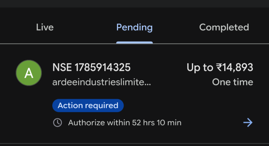 A pending IPO mandate request in Google Pay's Autopay > Pending tab, marked Action required
