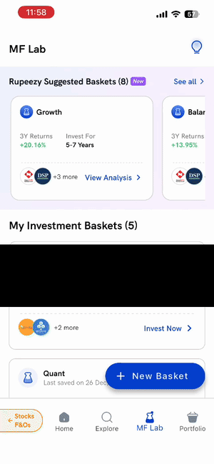Investing a lumpsum in the Growth basket from MF Lab on the Rupeezy app