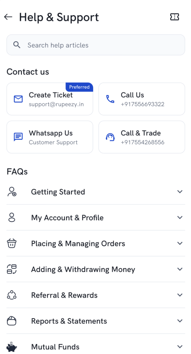 The Help & Support screen in the Rupeezy app, with the ticket icon in the top-right corner, the Create Ticket, Call Us, WhatsApp and Call & Trade options, and the FAQ categories