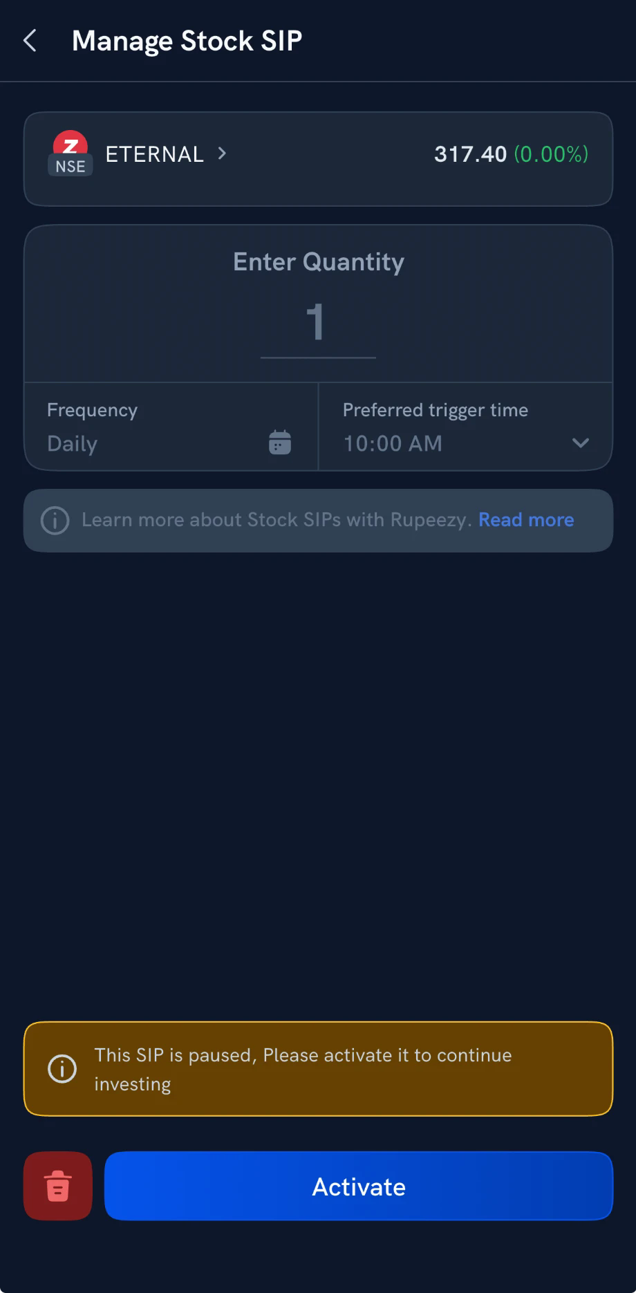 A paused Stock SIP's Manage Stock SIP screen, with the Activate button and the delete icon