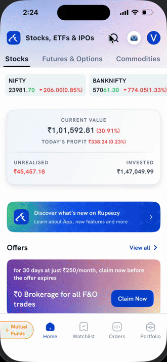Searching for a stock and placing an order without adding it to the Watchlist
