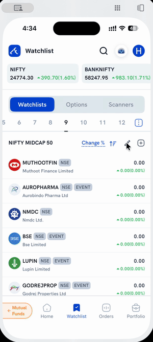 Opening a Watchlist's manage screen, dragging two rows to reorder them, then tapping Save Changes