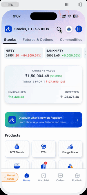 Searching "SGB" on Rupeezy, scrolling past unrelated tickers to a gold bond, and opening it