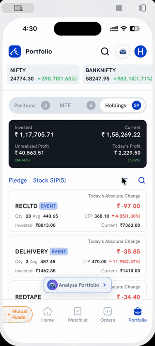 Opening the Sort sheet on Holdings and switching from Today's Absolute Change to Absolute Change