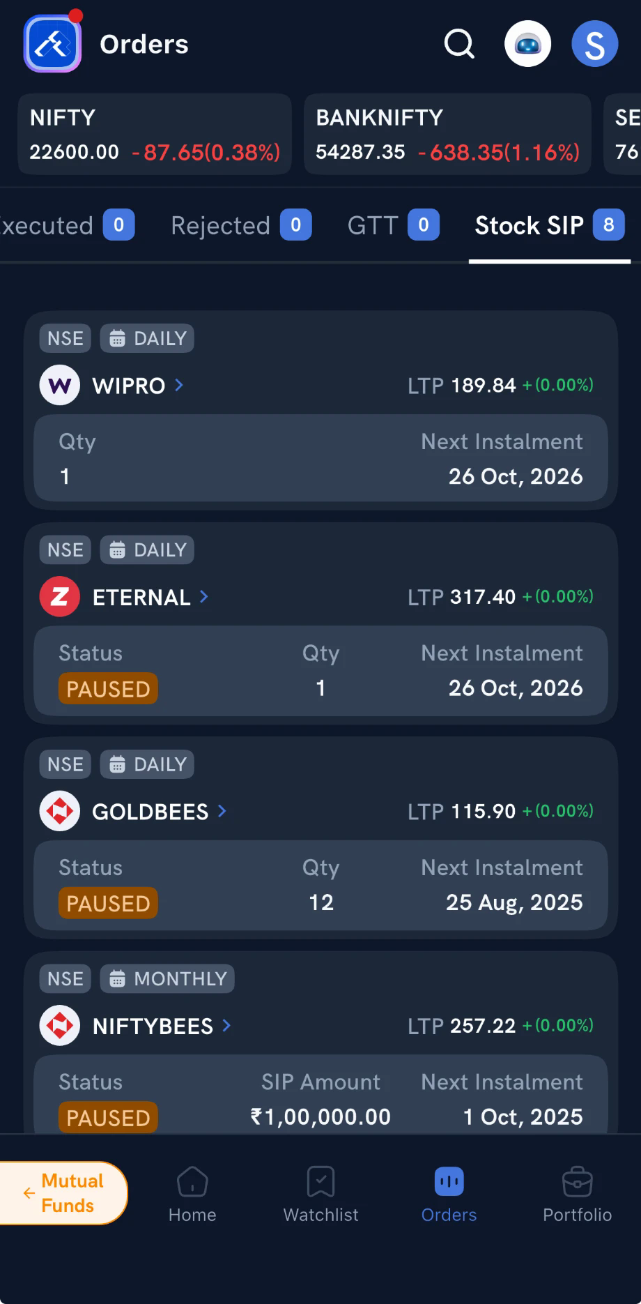 The Stock SIP tab on the Orders screen, listing SIPs with their frequency, quantity or amount, status and next instalment date