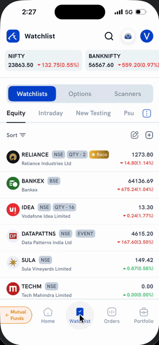 Opening a stock's quick-actions sheet from the Watchlist and tapping Start Stock SIP