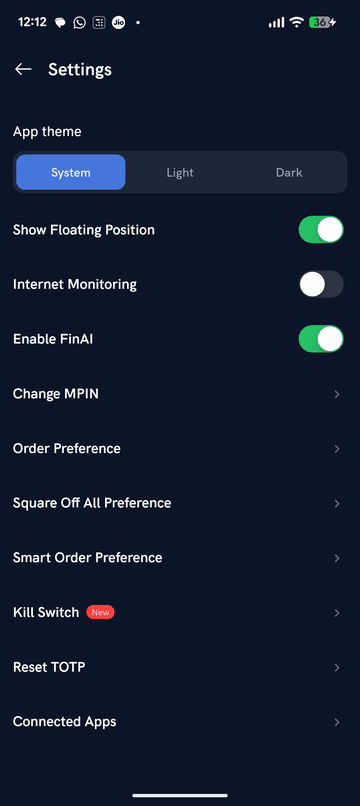 Switching App theme from System to Dark in Rupeezy app Settings