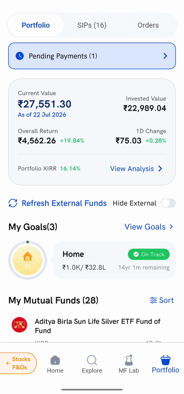 Opening a fund's details from the My Mutual Funds list on the Rupeezy app and expanding View More
