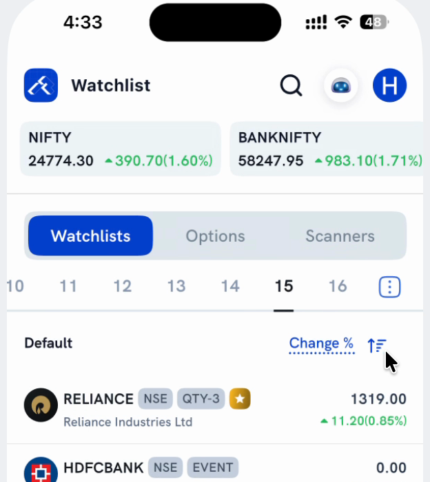 NIFTY, BANKNIFTY and RELIANCE rows on the Watchlist, each showing price plus the combined absolute and percentage change
