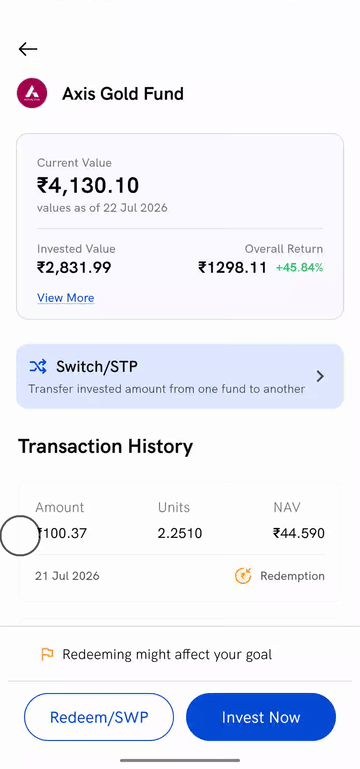 Tapping View All under Transaction History on the Rupeezy app to open a fund's full transaction list