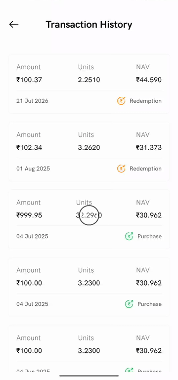 Tapping a transaction on the Rupeezy app to open its transaction details and status timeline